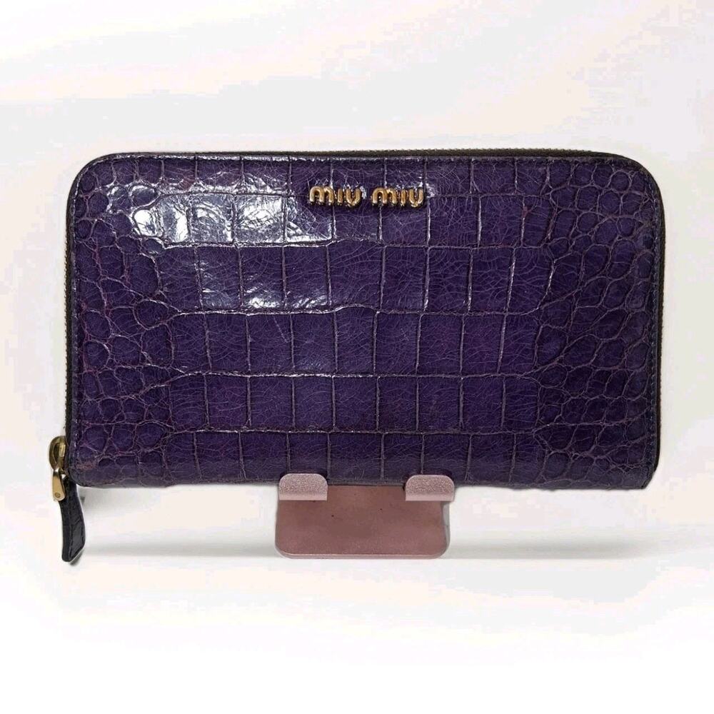 Miu Miu Purple Crocodile Embossed Zip Around Long Wallet Gold Hardware